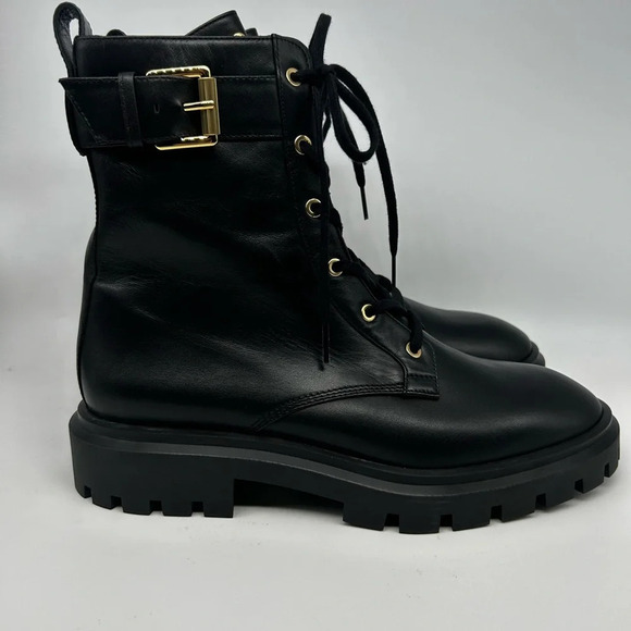 Stuart Weitzman Ultra Lug Black Combat boots Gold Buckles  size 10.5  new - Picture 10 of 14